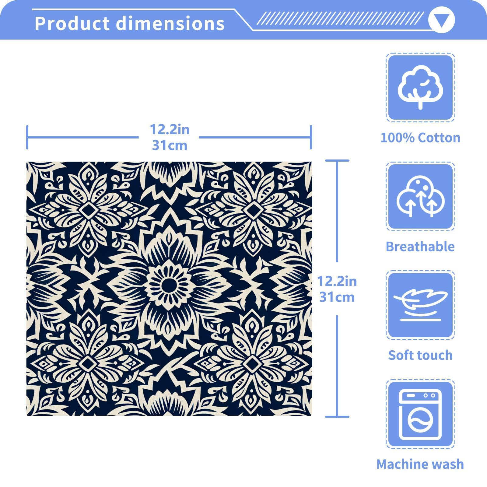 YANENDIE Indigo and White Flower Washcloths Towels, Highly Absorbent and Soft Cotton Face Cloths, 2 Pack Quick Dry Wash Cloths - 12 X 12 Inches