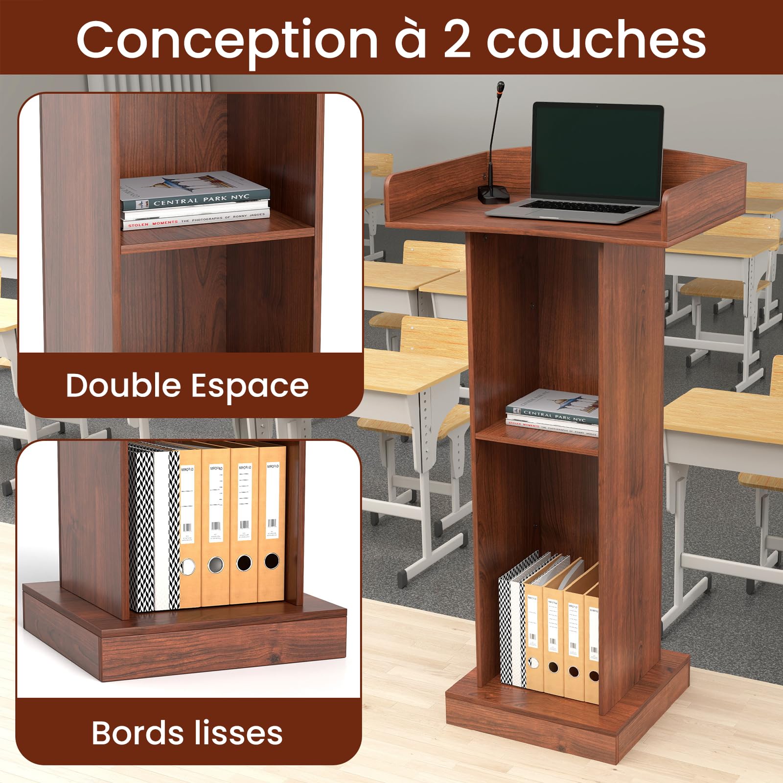 uyoyous Podium Debout en Bois, Pupitre Table Debout Chaire D'église Pupitre Portable pour Salle de Classe de Bureau, Salle à Manger Réception, 60cm x 40cm X120cm