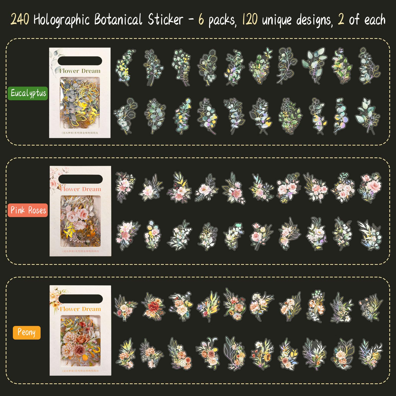 Dizdkizd Juego de calcomanías holográficas de flores y hojas, 240 calcomanías botánicas doradas para álbumes de recortes, pequeñas calcomanías florales transparentes para diario, planificador, álbum