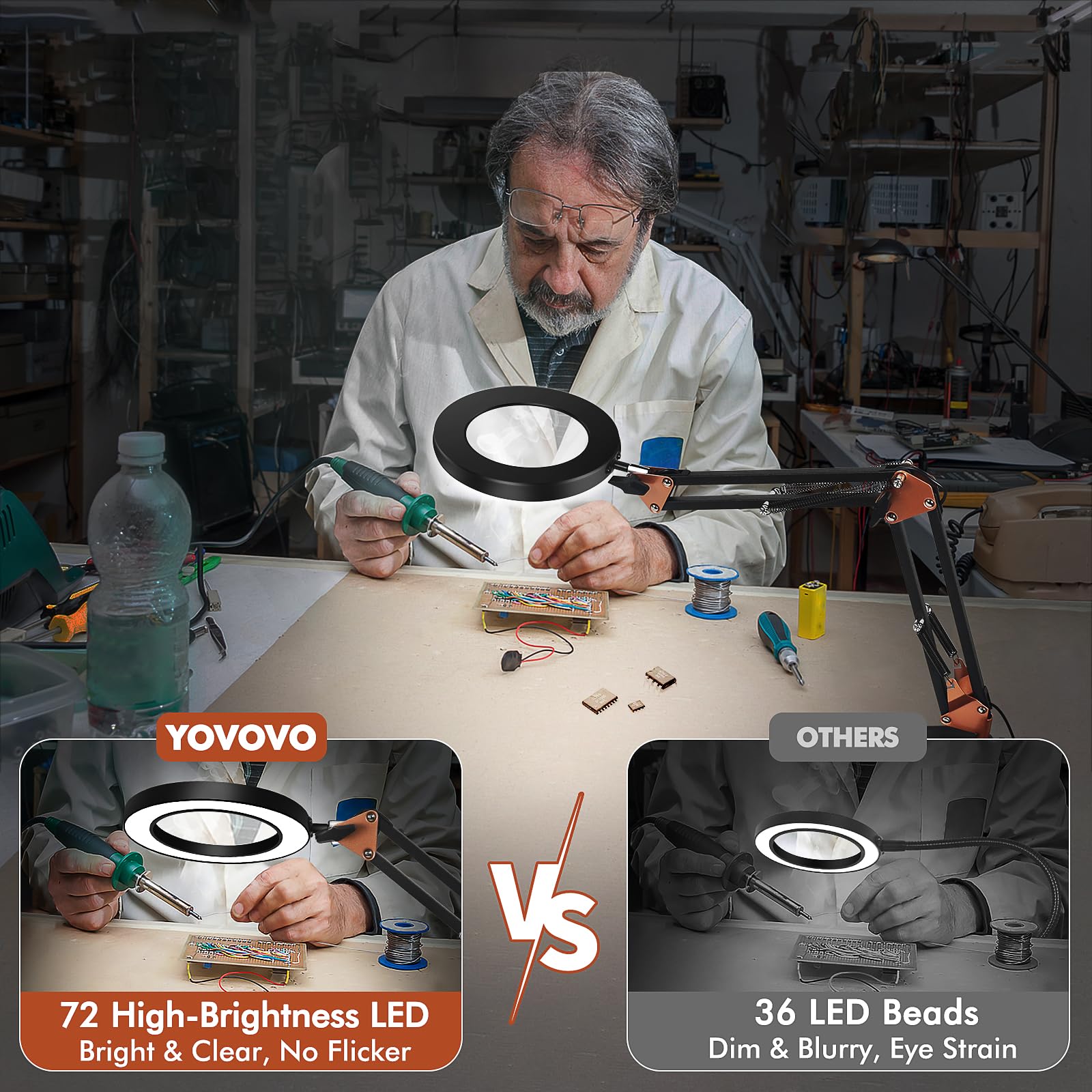 10X Magnifying Glass with Light and Clamp, 4.3'' Real Glass Lens LED Lighted Magnifier, 5 Color Modes Stepless Dimmable Adjustable Swing Arm Desk Lamp Hands Free for Crafts Reading Sewing Close Work - Image 3