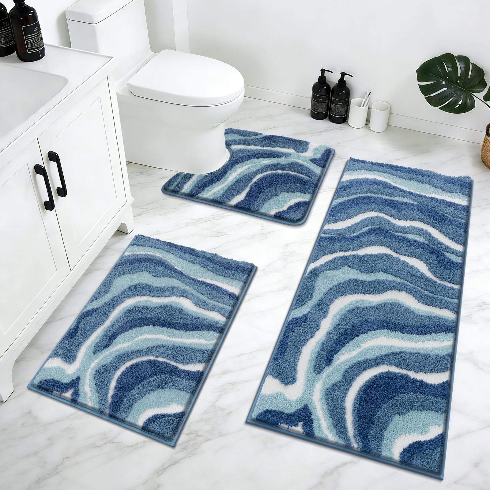 Enyhom Tappeti Bagno Antiscivolo 3 Pezzi, Tappeto Bagno Blu in Microfibra Morbido e Assorbente, Tappetino da Bagno Lavabile in Lavatrice, con Tappetino WC Contorno Soffice per Soggiorno, Bagno