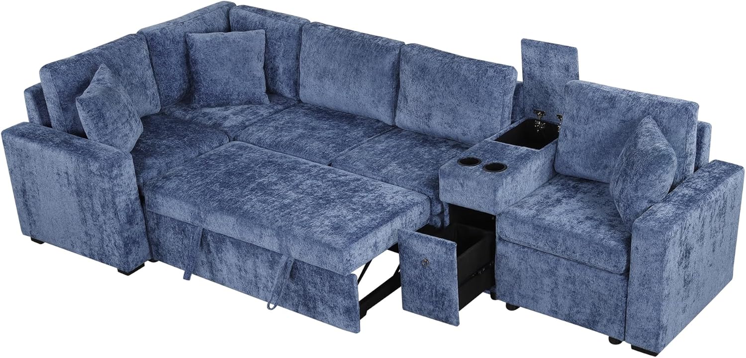 Flieks 120.5" L-Shaped Convertible Sofa Bed Modular Sectional Sofa Reversible Sleeper with Pull-Out Bed, Cup Holders, and Ample Storage Space for Living Room, Blue
