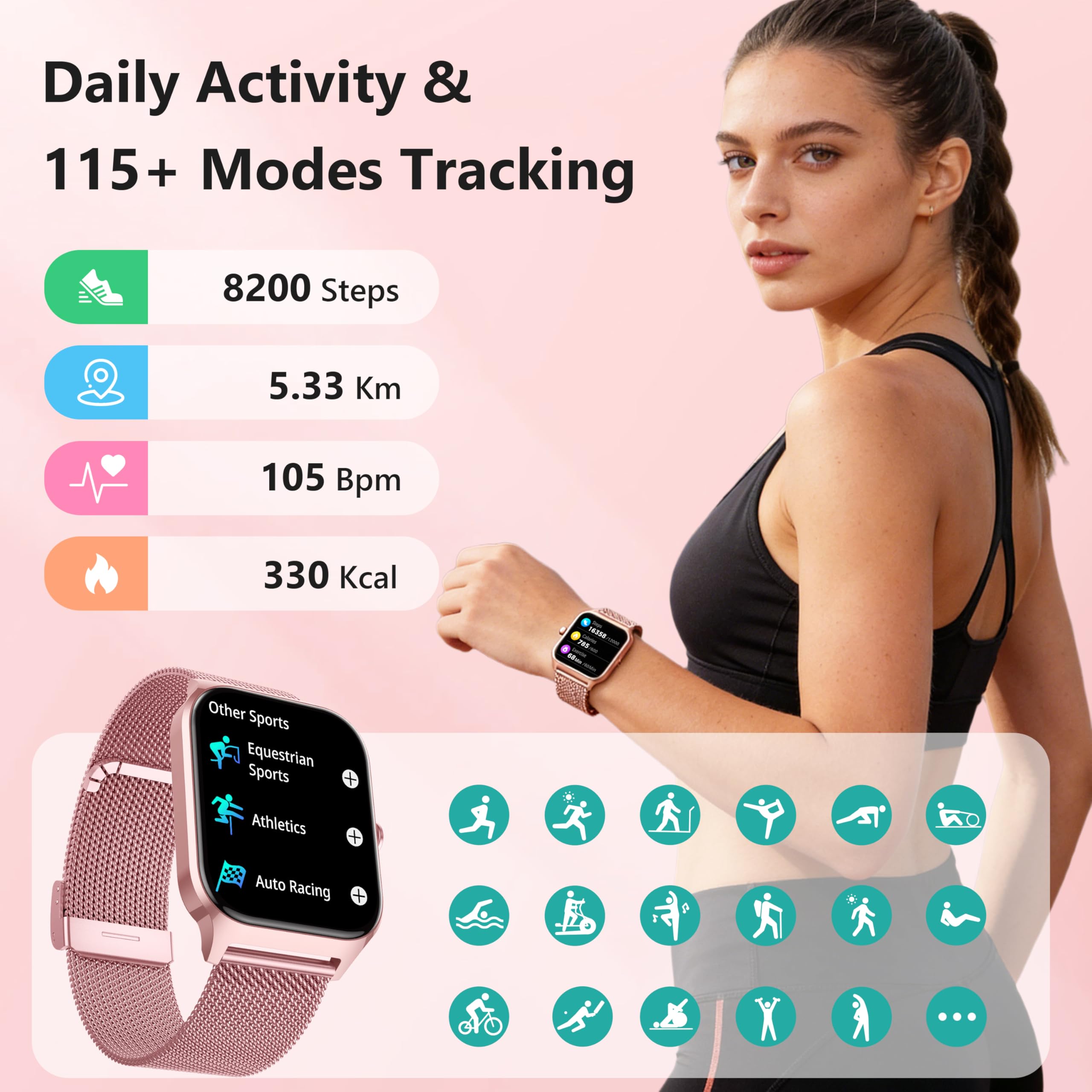 Smart Watch, 1.85’’ Smart Watches Women Men Make/Answer Call, Heart Rate/Blood Pressure/Sleep Monitor, 110+Sports Modes, Voice Control, Waterproof Fitness Watch Compatible for Android & iPhone
