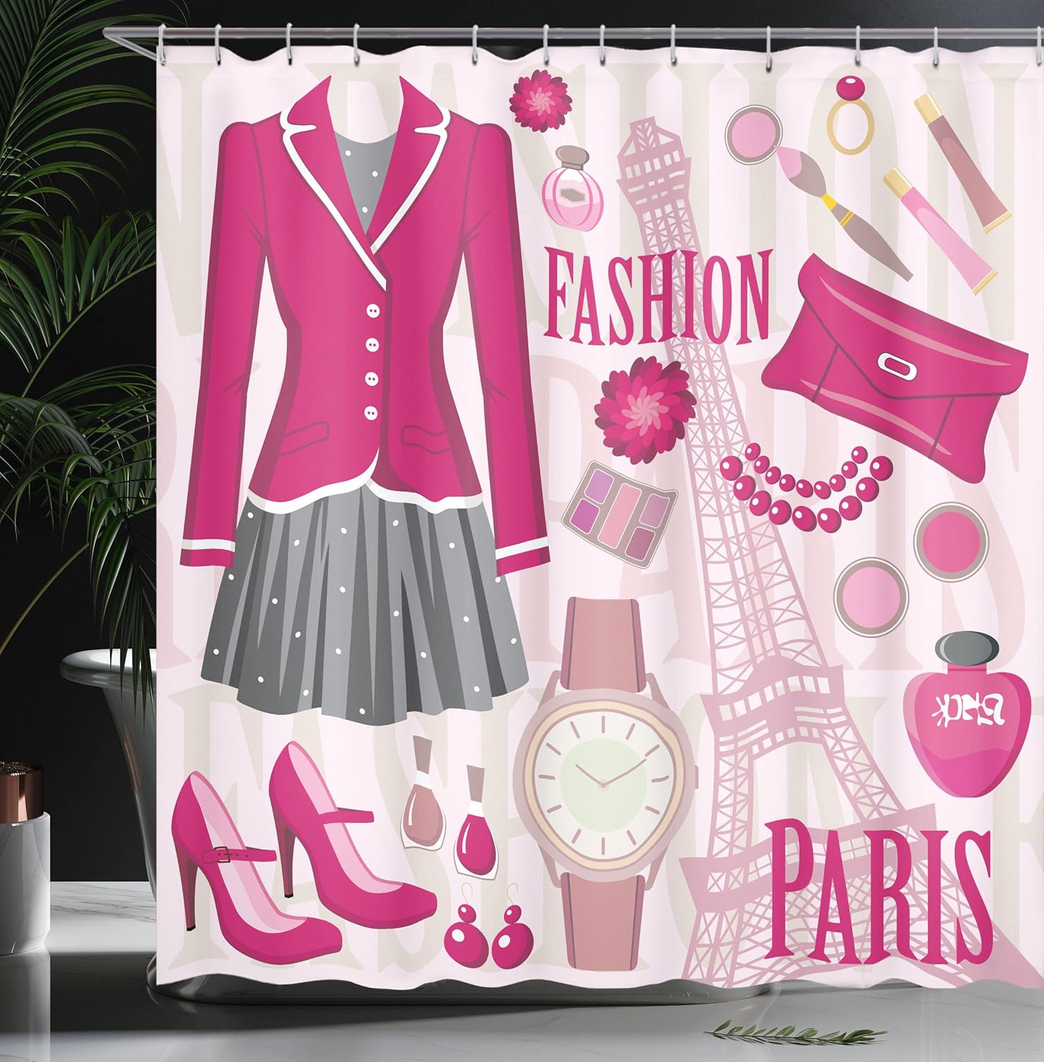Ambesonne Fashion Shower Curtain, Theme in Paris Outfits Dress Watch Purse Perfume Parisienne Landmark, Cloth Fabric Bathroom Decor Set with Hooks, 69" W x 75" L, Beige Pink