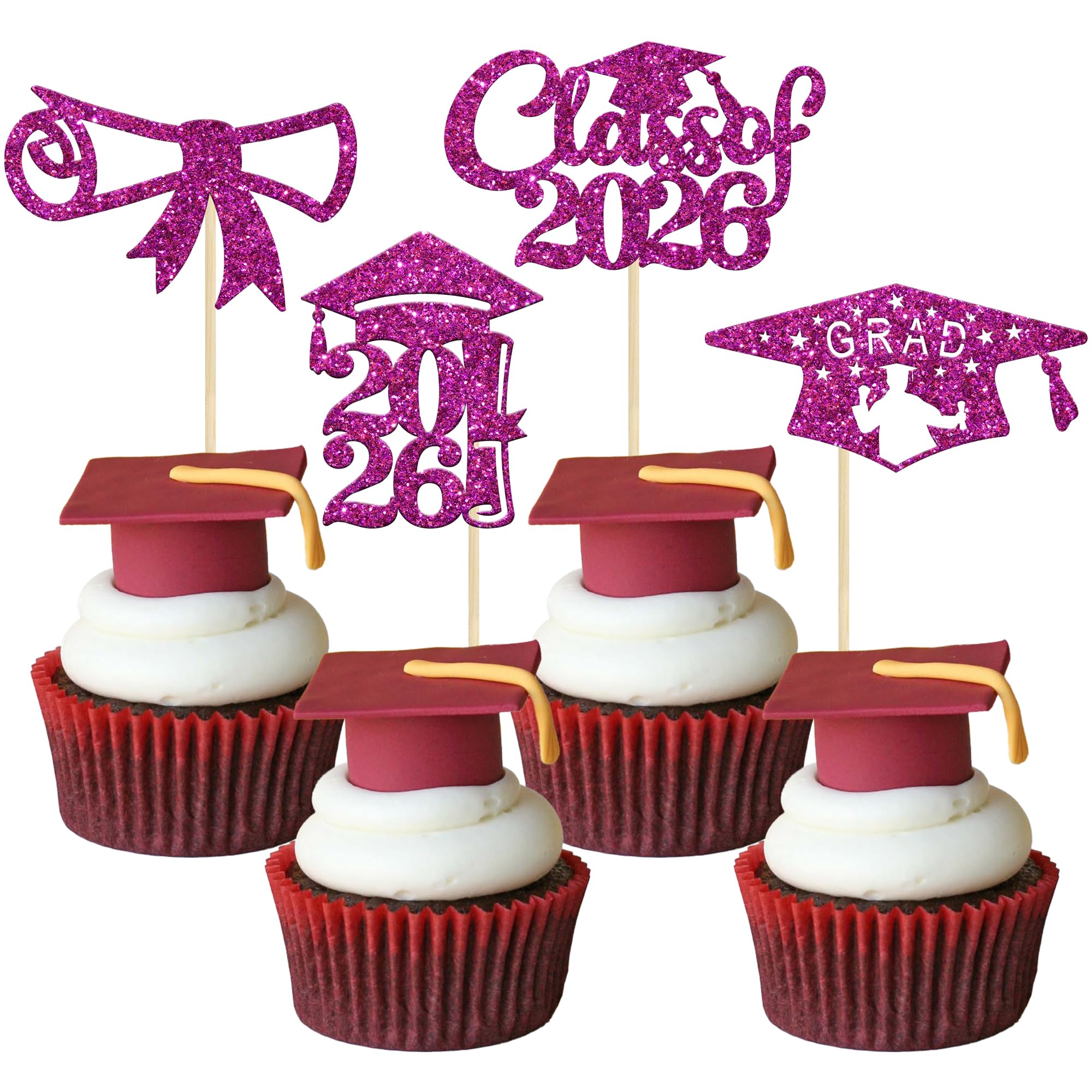 Gyufise 24Pcs Graduation Cupcake Toppers 2026 Purple Glitter Class of 2026 Cupcake Toppers 2026 Grad Cap Diploma Cupcake Picks for Graduation Party Decorations — image 1