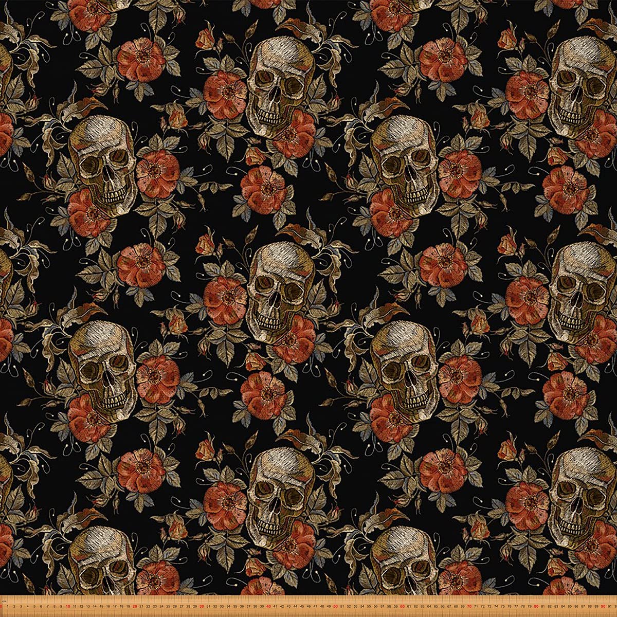 Skull Upholstery Fabric Halloween Floral Waterproof Fabric Retro Skeleton Leaves Decor Fabric Gothic Horror Waterproof Outdoor Fabric DIY Art Fabric by The Yard Golden Red 2 Yards