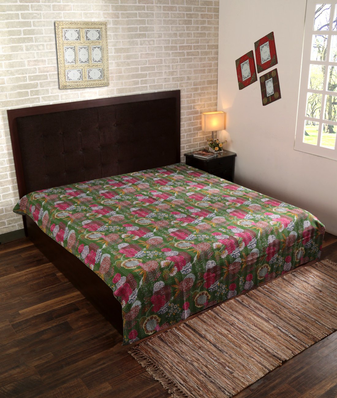 Rajrang Blue Indian Cotton Printed Kantha Work Bedspread Double Bedsheet