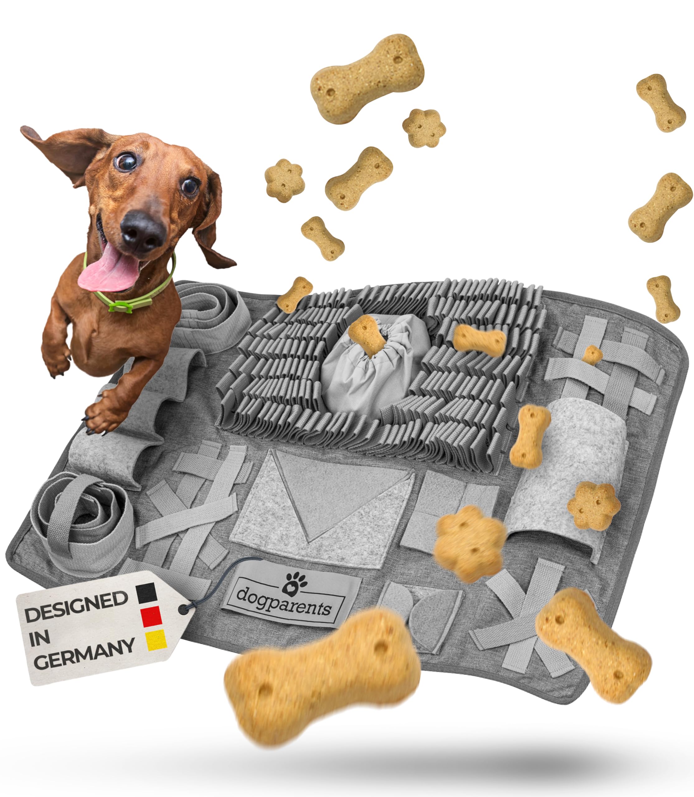 DOGPARENTS Schnüffelteppich für Hunde groß & klein – 12 Verstecke + Bonusversteck, EXTRA ROBUST, grau