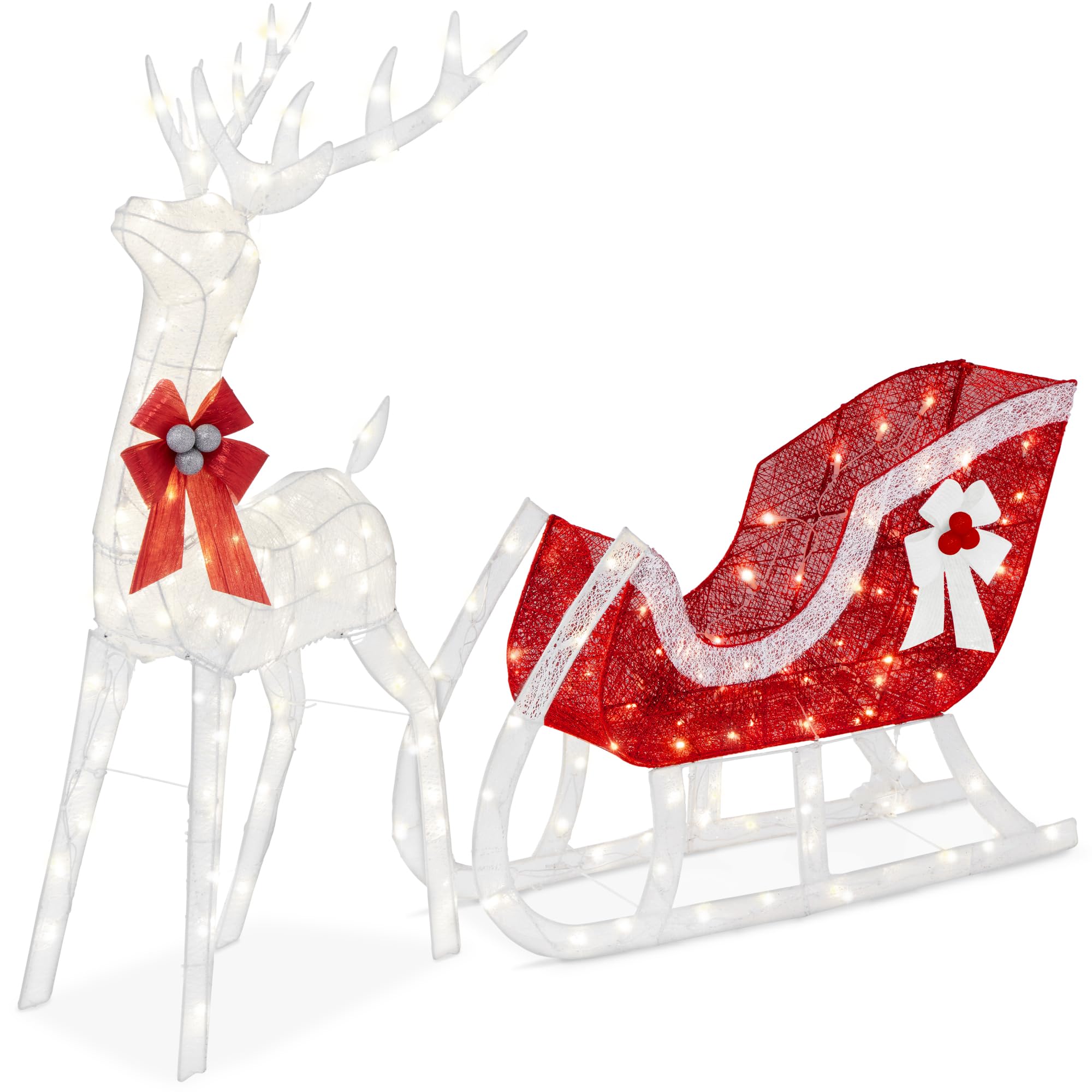 Best Choice Products XL Lighted Christmas 5ft Reindeer & Sleigh Holiday Outdoor Yard Decoration Set w/ 265 LED Lights, Stakes, Zip Ties - White