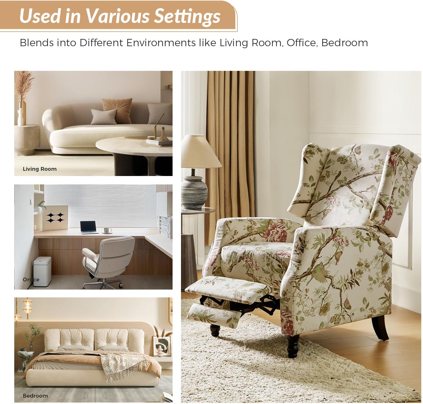 Bird Pattern Wingback Recliner Set with Cushioned Seat