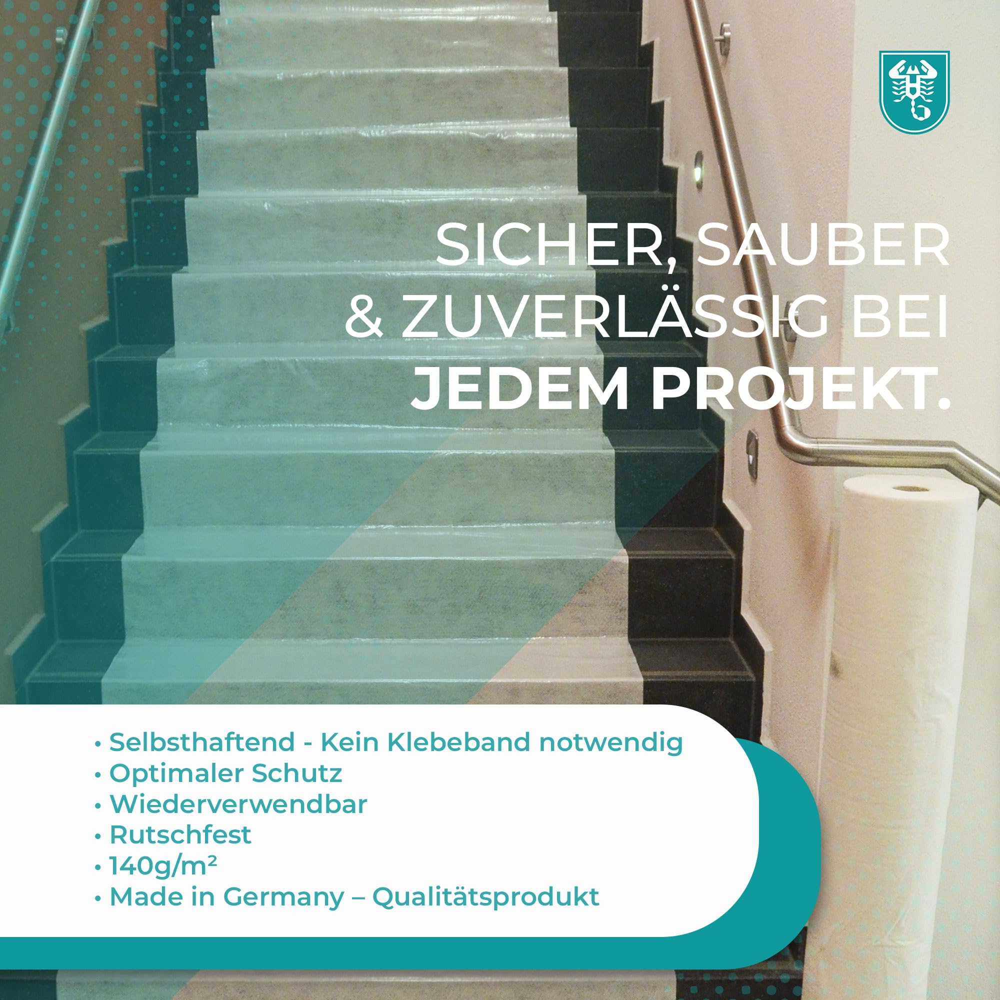 Scorprotect® Abdeckvlies 1 m x 50 m | 140 g/m² selbstklebend | Malervlies & Schutzvlies für Boden, Treppe und Renovierung | Fußbodenschutz weiß
