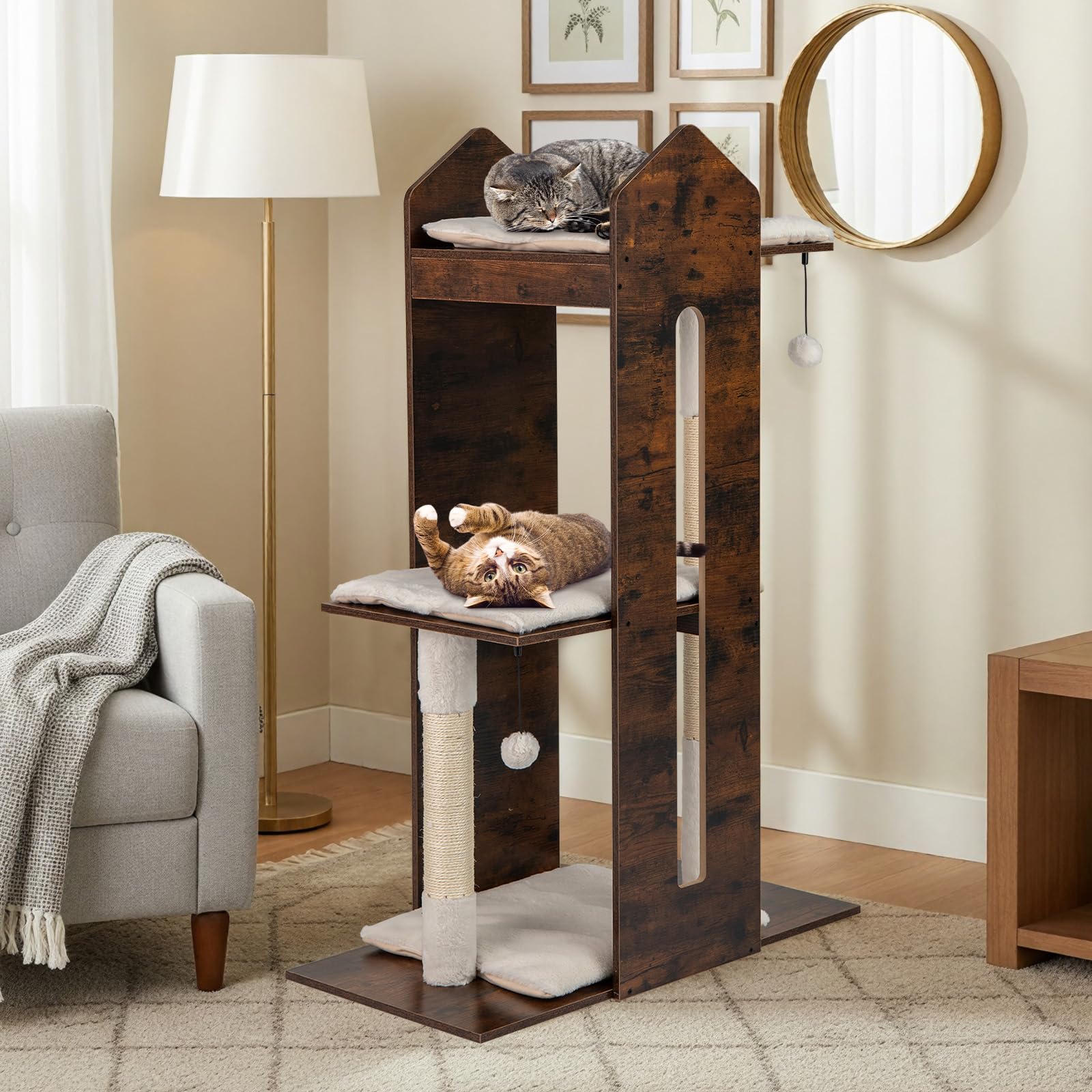 COSTWAY Albero per Gatti Alto 120 cm, Tiragraffi per Gattini in Legno con Posti Graffianti in Sisal, Palline Pendenti, Cuscini Morbidi e Piazzola, Tiragraffi Gatto per Arrampicata