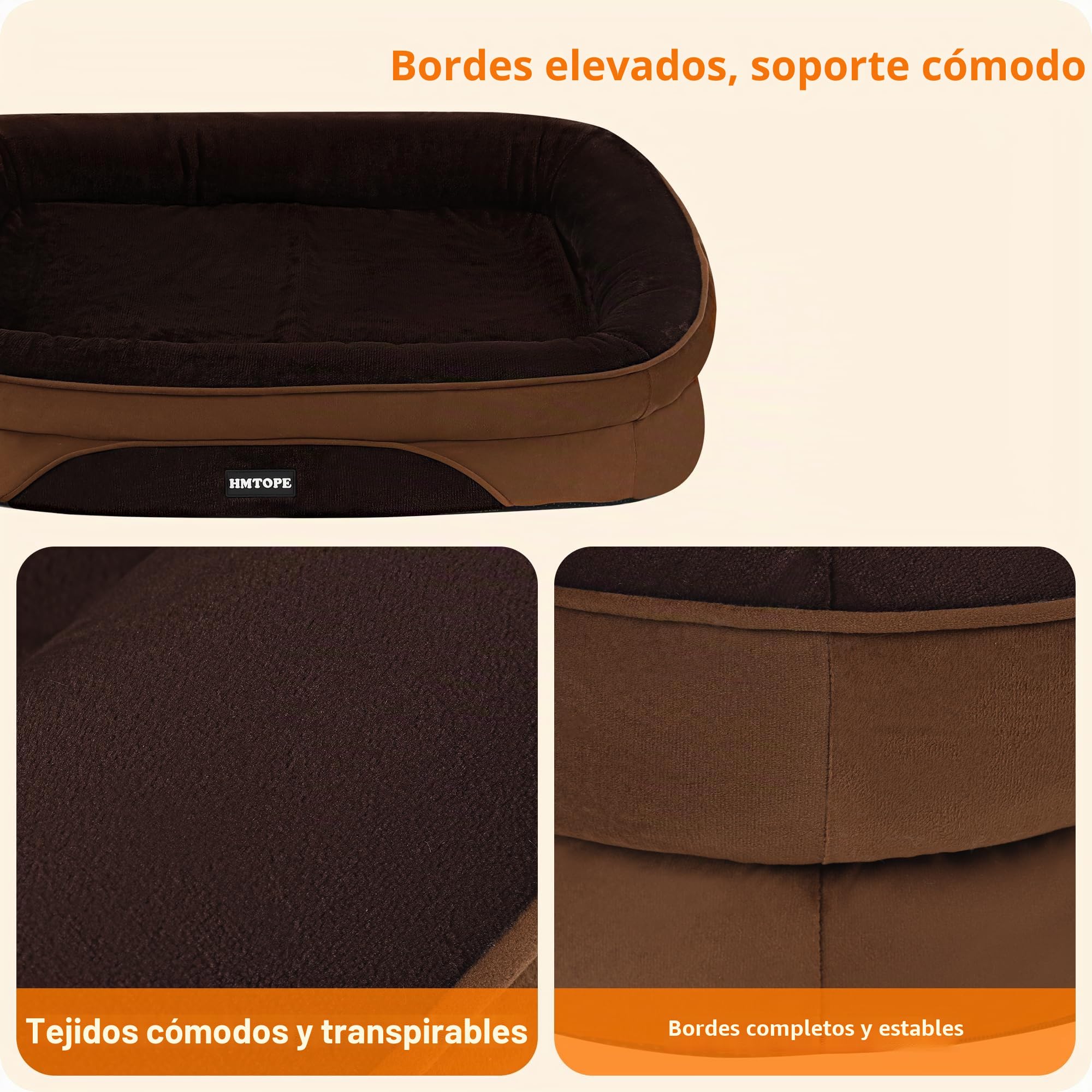 HMTOPE Cama ortopédica para perros, sofá para perros, cojín cervical de cuatro lados, base antideslizante, cesta para perros, extraíble y lavable, perros medianos y grandes, 106 x 79 x 17 cm, marrón