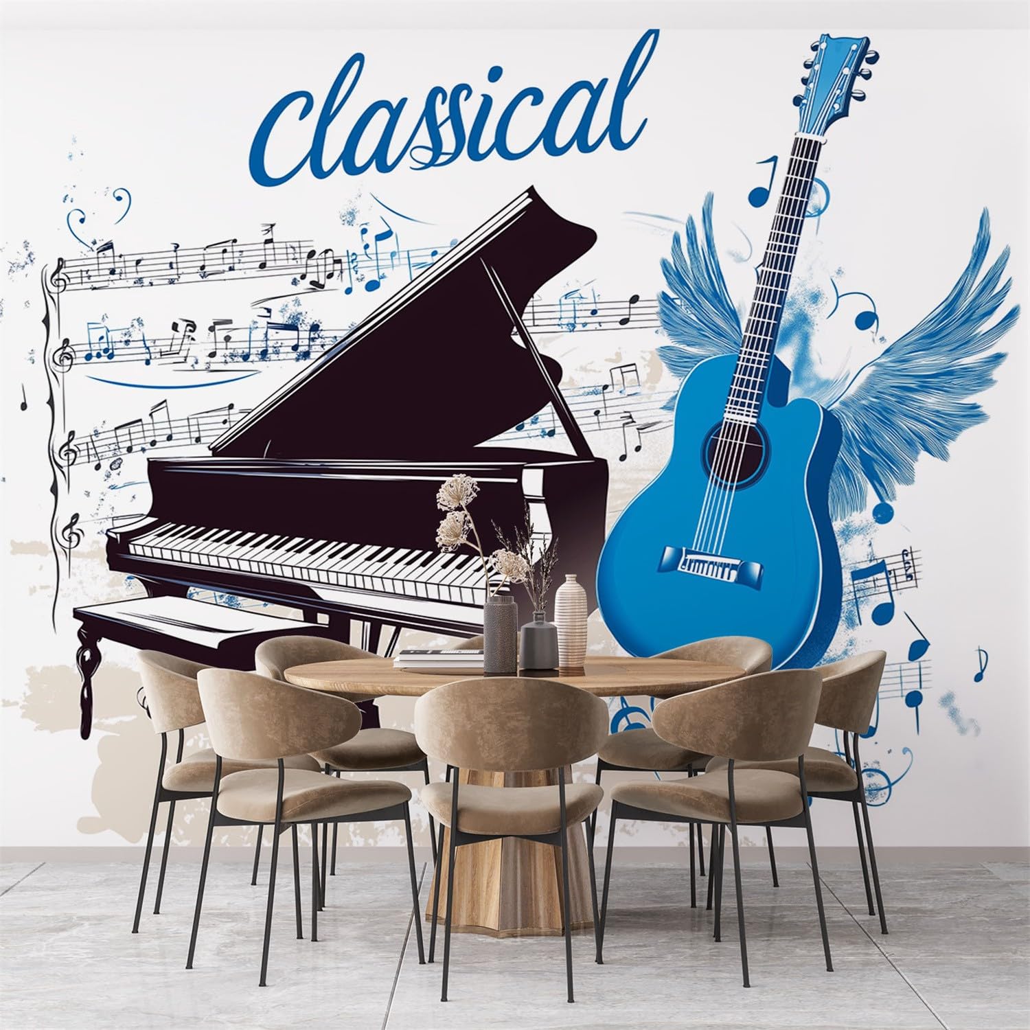 Papel pintado Panorámico Música Piano Guitarra, Papel pintado de pared Gigante Símbolos Musicales, mural moderno personalizado para sala de estar, dormitorio infantil, restaurante, 300 x 210 cm (L x H