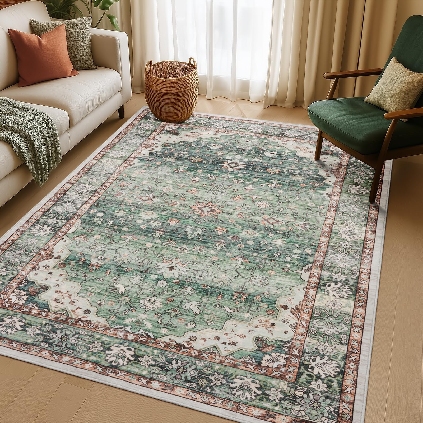 Topfinel Washable Rugs for Living Room 120x170cm, Boho Vintage Green Area Rug with Non-Slip Backing, Low Pile Rug for Bedroom, Lounge, Home Office