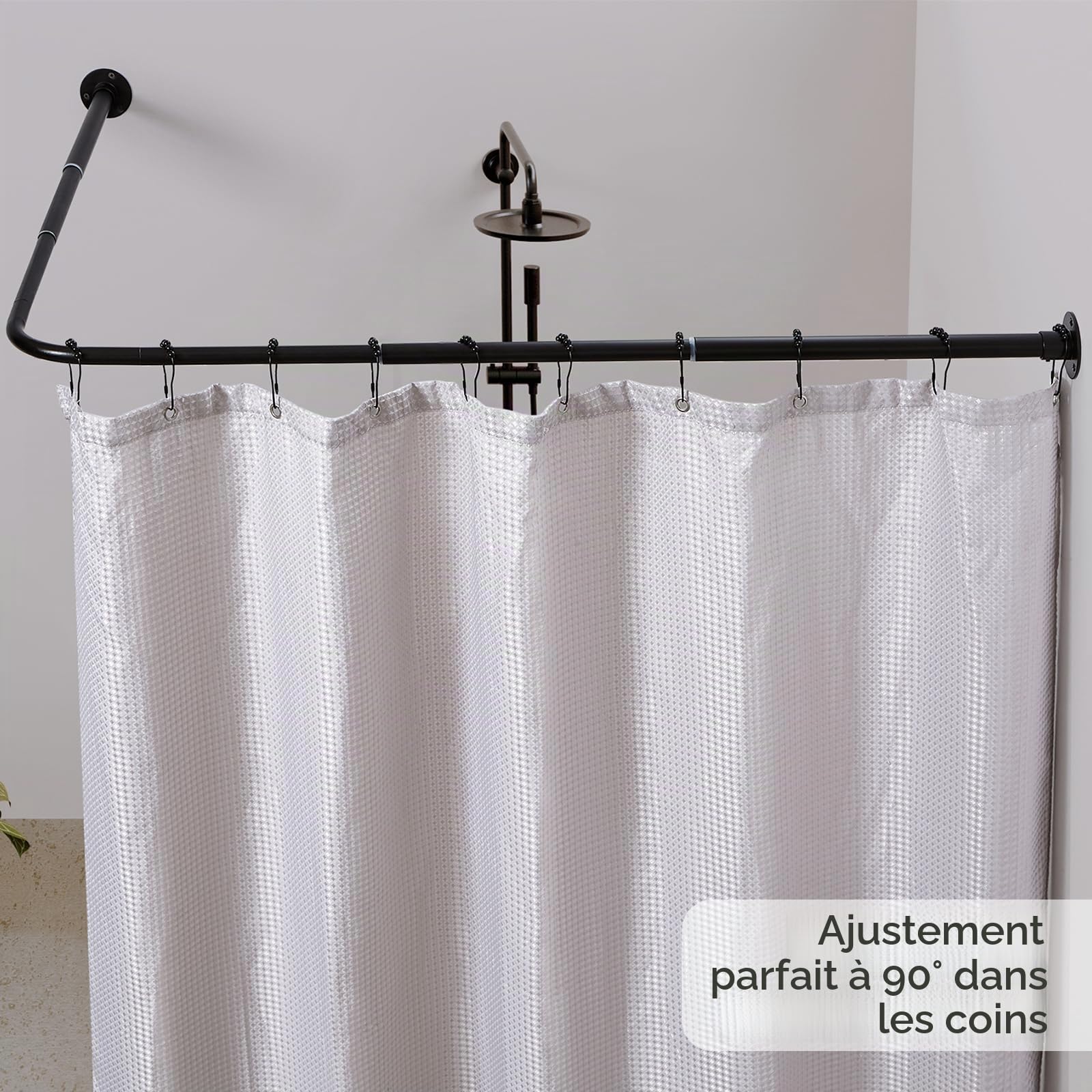 Barre de Douche d'Angle en L Réglable [62-121 cm] x [62-121 cm], avec 12 Crochets et Support de Plafond pour Baignoire ou Salle de Bain - Noir Mat