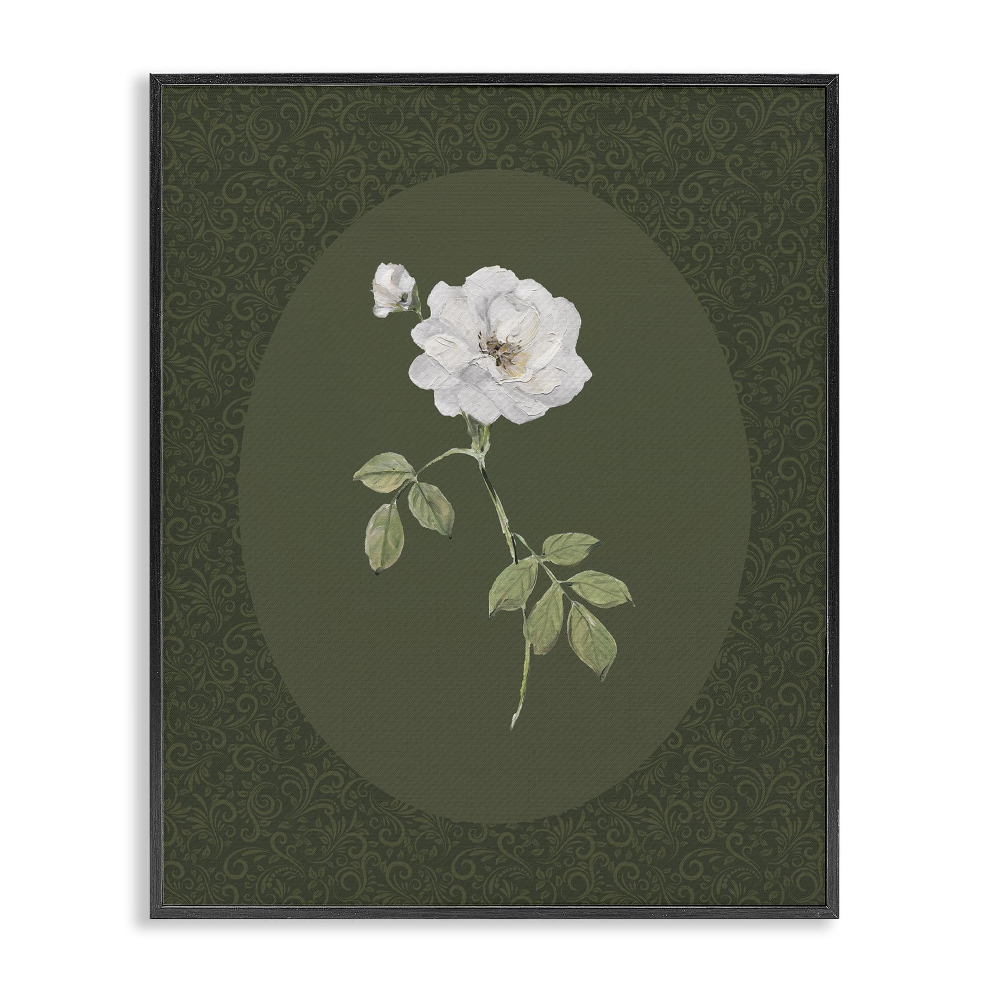 Stupell Industries Midnight Black (Textured) 'White Rose On Emerald'| Framed Giclee Art