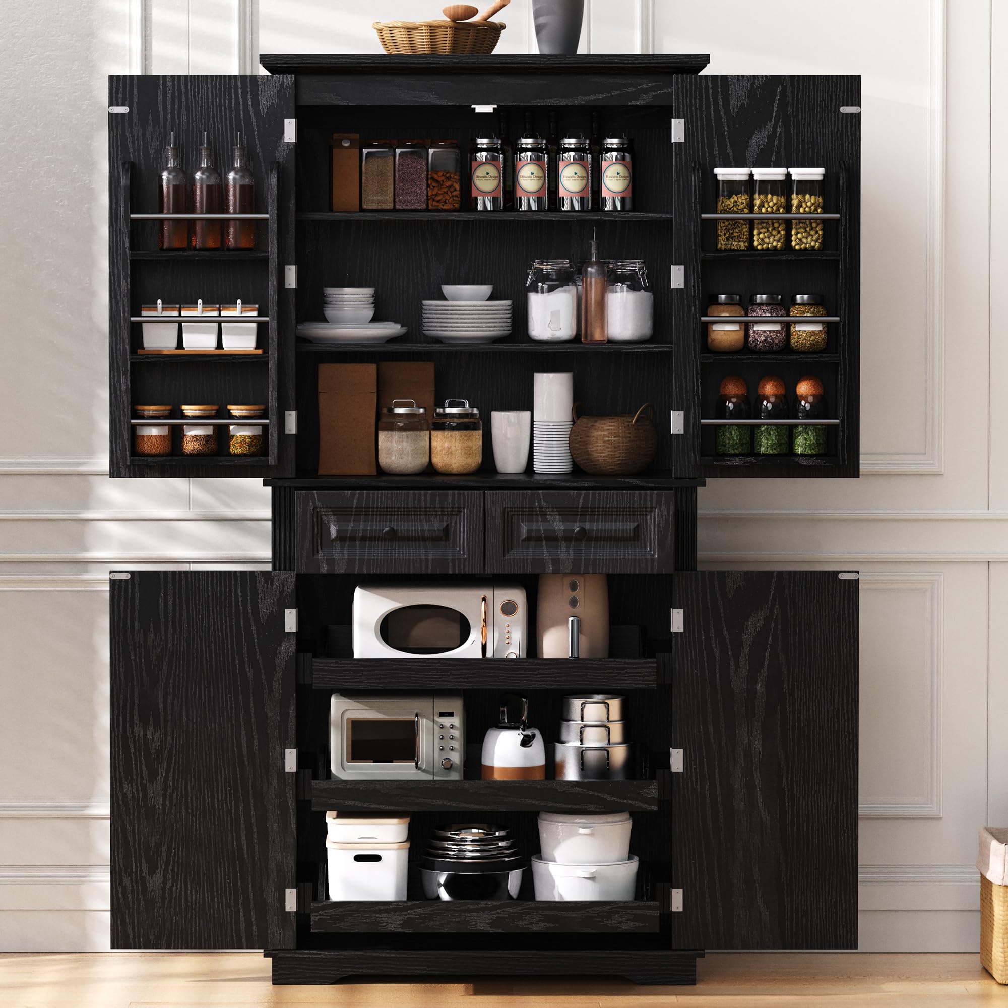 Ball &amp; Cast 71″Tall Farmhouse Kitchen Pantry Cabinet with 3 Pull Out Shelves &amp; 2 Large Drawers,Versatile Pantry Storage Cabinet w/ 6 Door Shelf &amp; Adjustable Shelves for Kitchen,Dining Room,Black