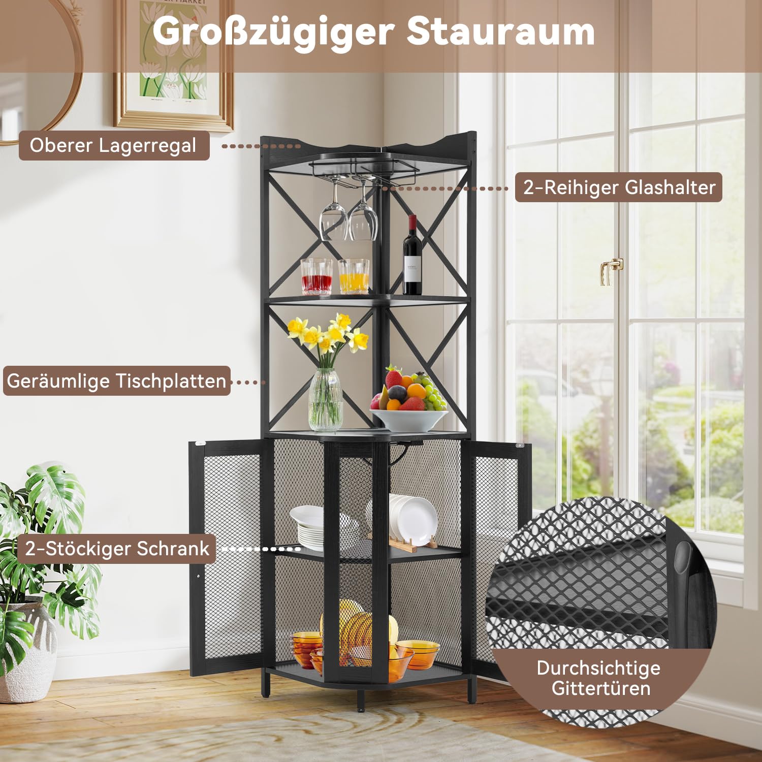 AVAWING Weinschrank, Barschrank Vintage mit Led Licht & Glashälter, Eckschrank aus Metallrahmen, 5 Stufen Küchenschrank mit Kippschutz für Küche Esszimmer Wohnzimmer, Schwarz, 44,5 x 44,5 x 163 cm