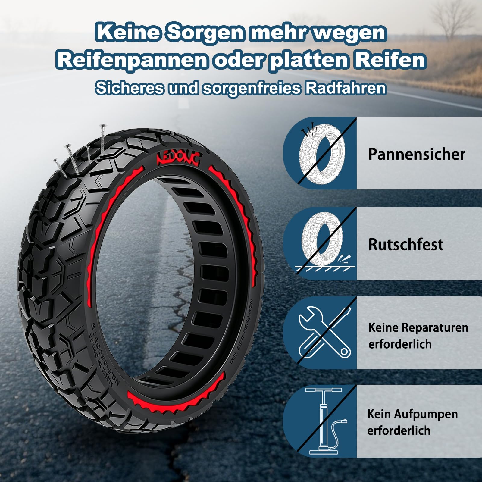 Pneu solide 60/70-6,5 10 x 2,50 en caoutchouc pour scooter Ninebot Max G30/G30 D2/F2 Pro D/Xiaomi 5/5 Pro/5 Max E Scooter 10" Anti-crevaison Antidérapant Résistant à l'usure (rouge)