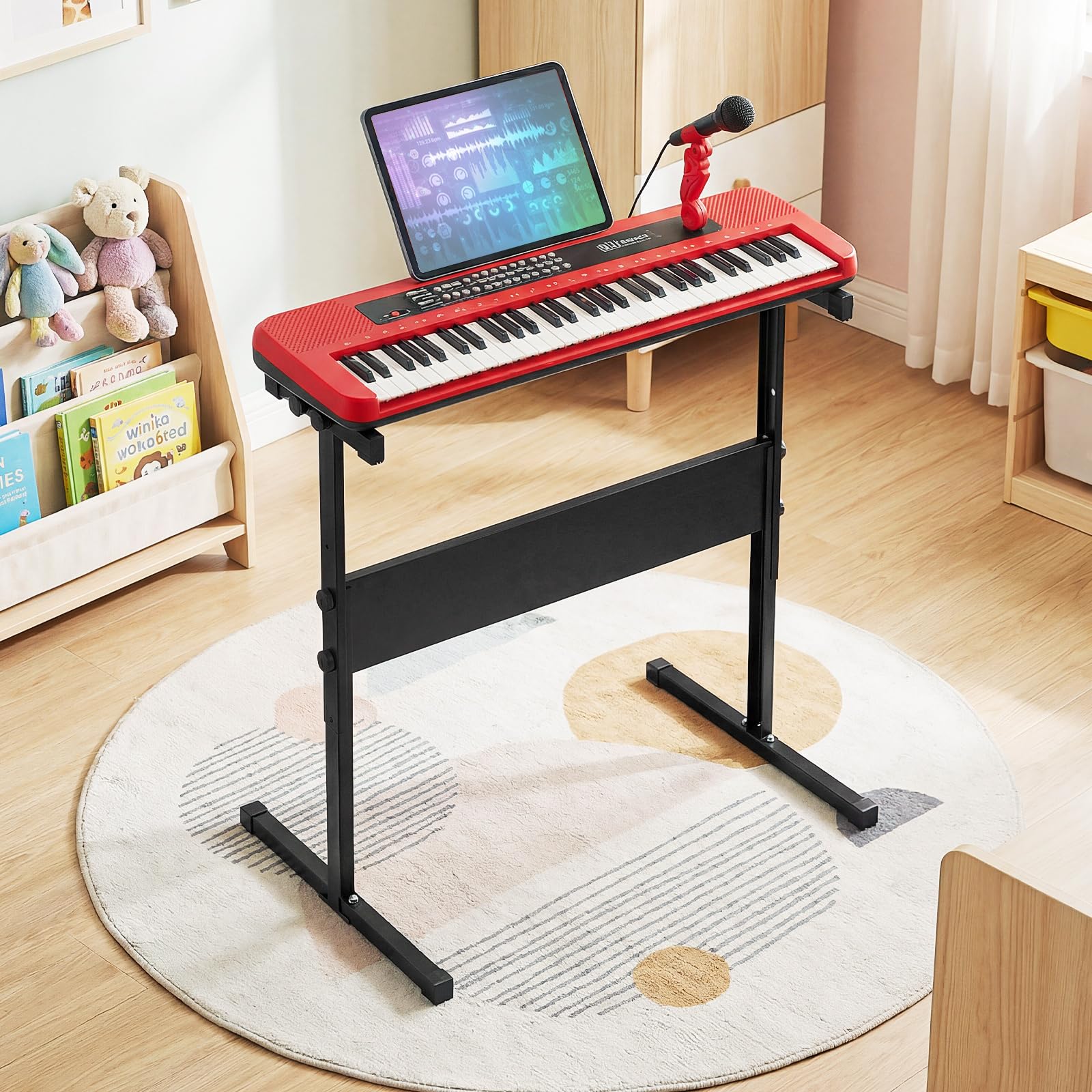 KOMFOTTEU Tastiera Elettronica per Bambini di 3 Anni+, con Microfono e Leggio, Pianoforte Digitale a 61 Tasti con Supporto Regolabile, Pianoforte Elettronico, 200 Tonalità & Ritmi, 20 Demo (Rosso)