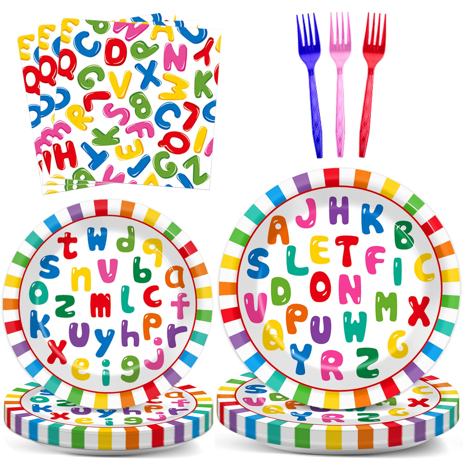 OBUSATT 96Pcs Alphabet Party Supplies Educational ABC Birthday Paper Plates Napkins ABC Back to School Party Decorations Early Learning Dinnerware Tableware Favor Serves 24