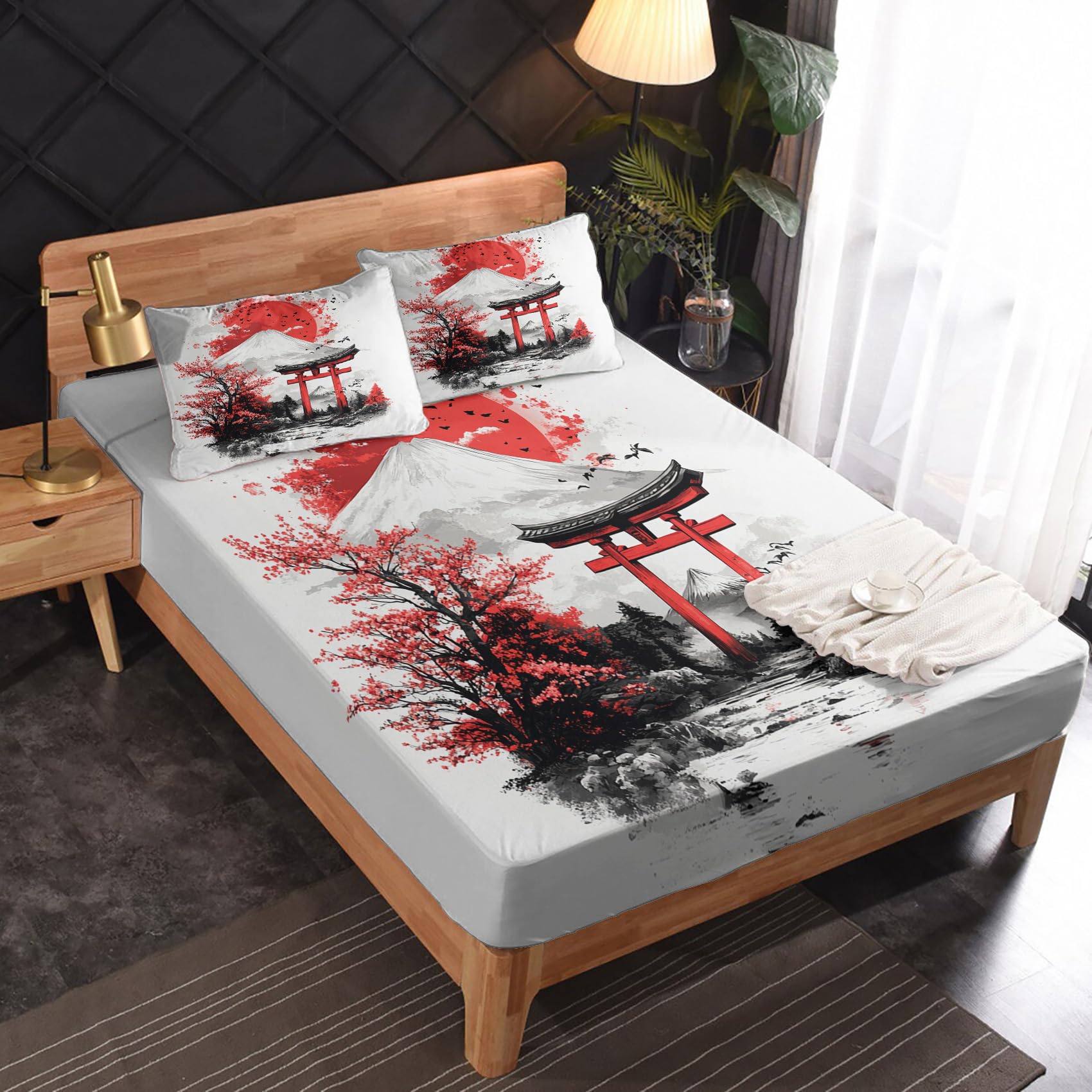 Zvynqour - Japanese Torii Queen Size Sheet Set, Japanese Style Sheet Set, 16 Inch Deep Pocket Bedding, 4 Piece, Japanese Bedroom Decor, Brushed Microfiber