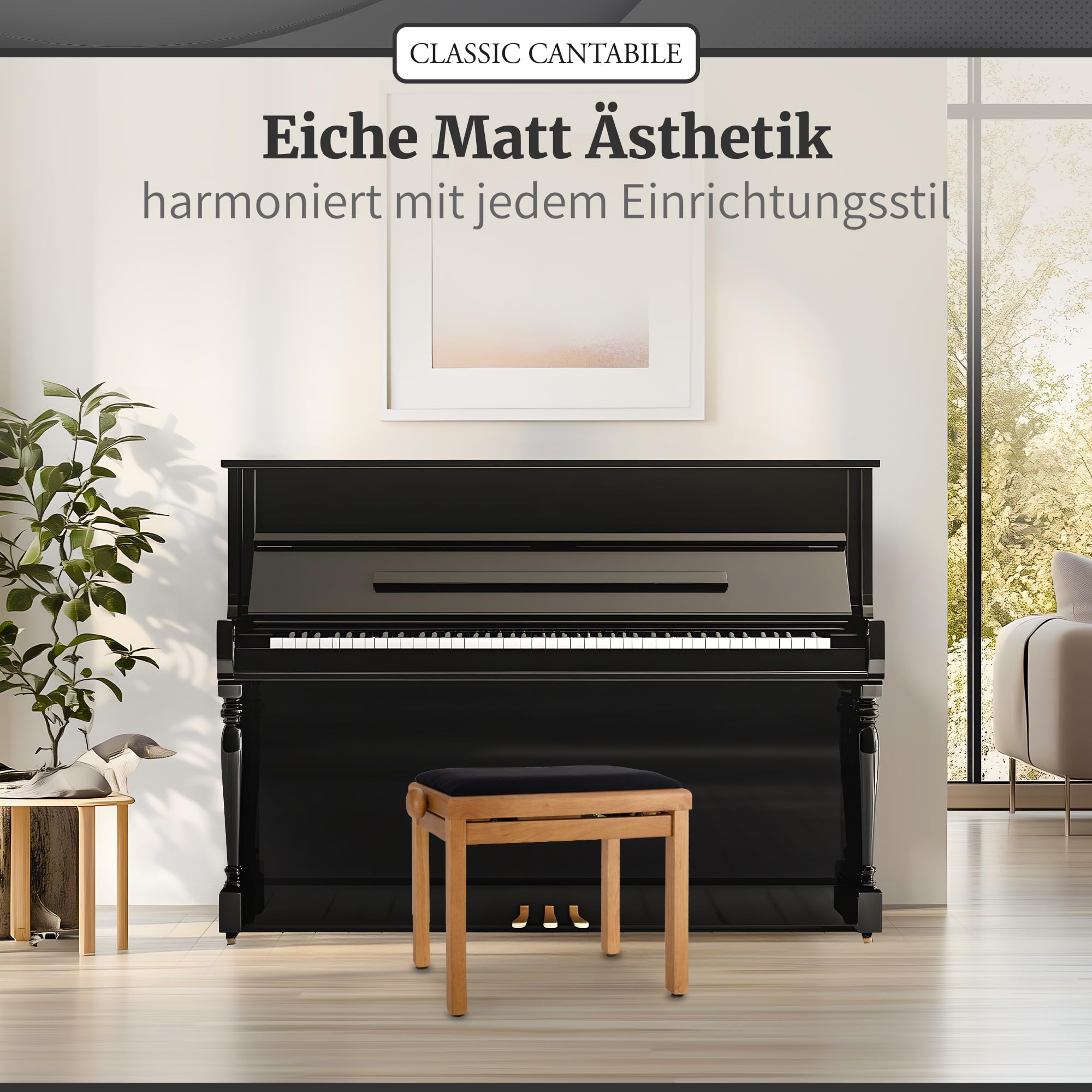 Classic Cantabile Pianobank Eiche-matt (Höhenverstellbar von 47-56cm, Spindelmechanik, Sitzfläche 55 x 32cm, schwarzer Velourbezug, stabil)