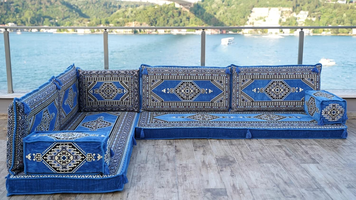L Shaped Arabic Floor Cushions, Sectional Sofas, Arabic Majlis Set, Custom Made Sofa, Arabic Sofa Set, Seating Cushions (4'' Thickness Sofa, L Sofa Only, Blue)