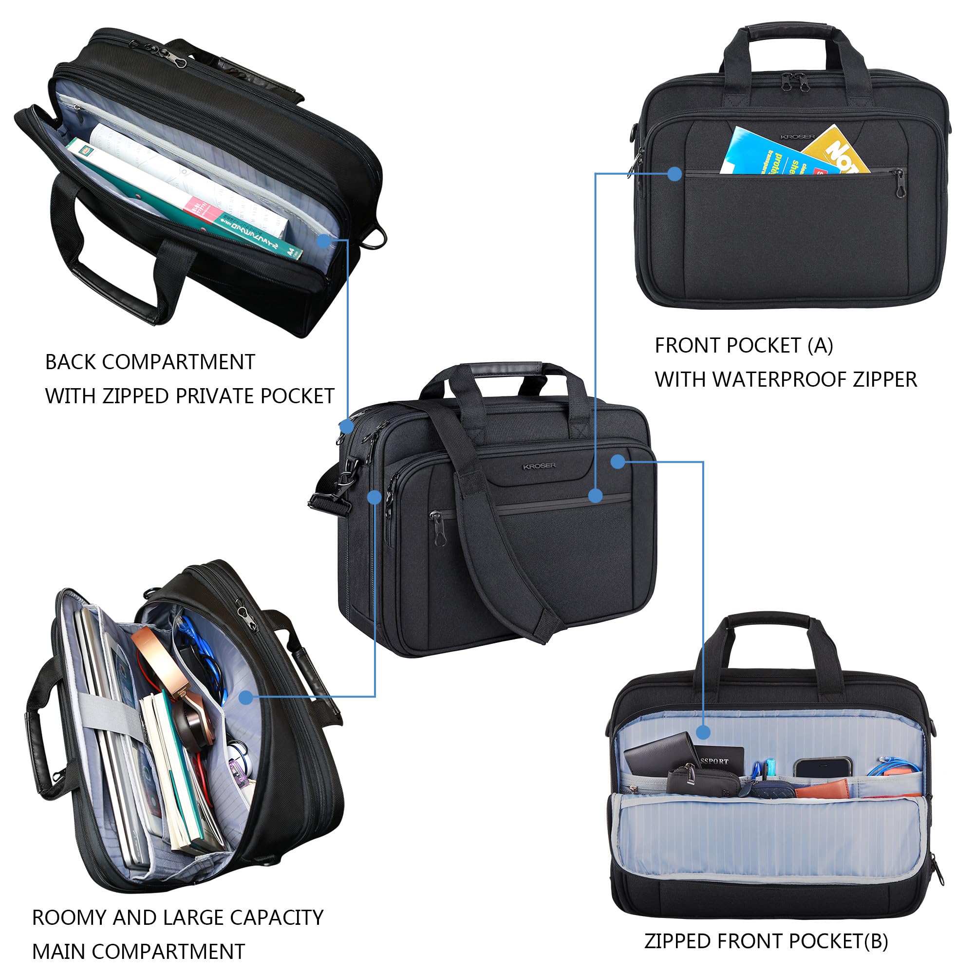 KROSER Bolsa para Laptop 18" Maletín Portátil Extensible hasta 17.3 pulgadas Repelente al Agua Bandolera Bolsa de Mensajero para Viajes/Negocios/Escuela/Hombres/Mujeres-Negro