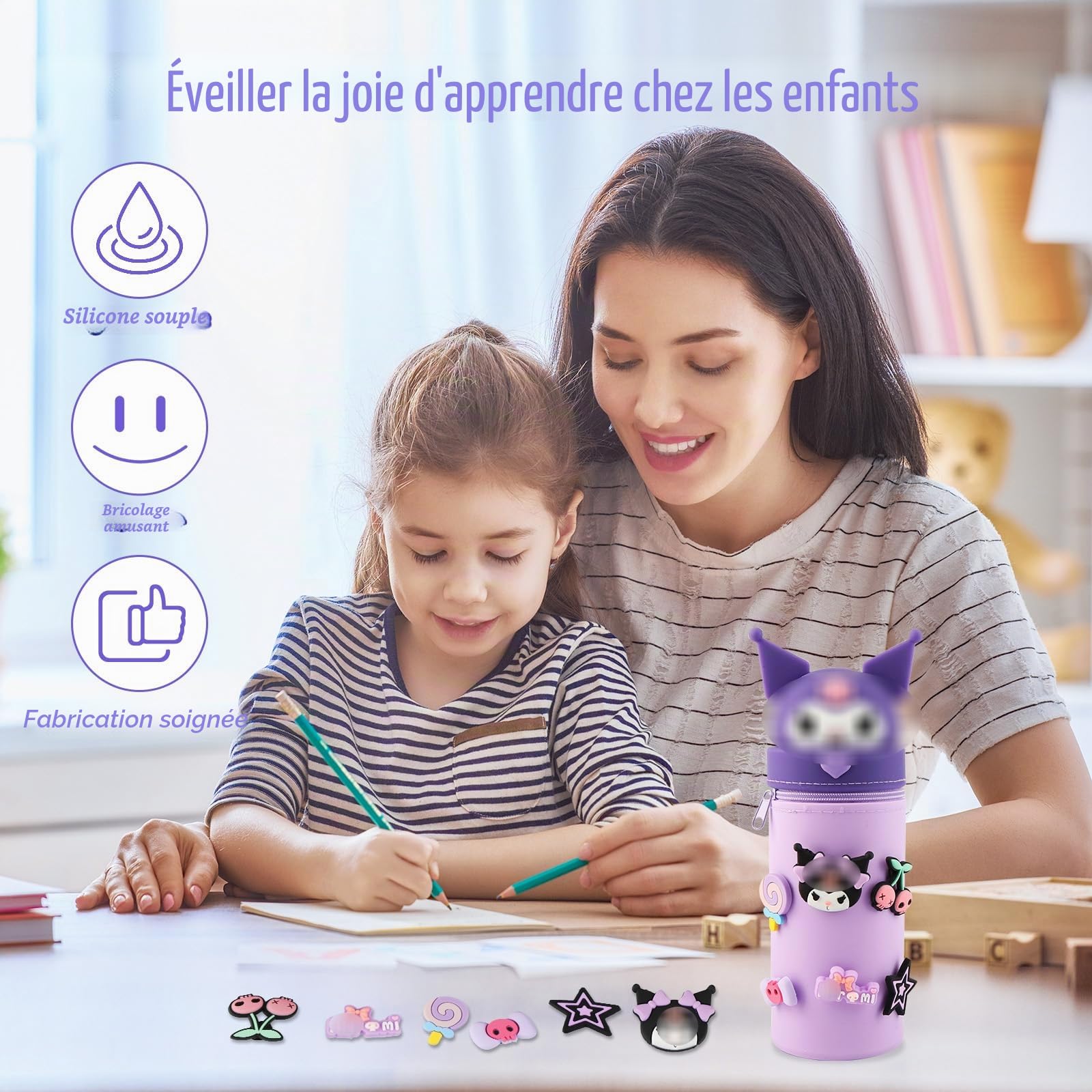 Kuro-m Trousse à Crayons en Silicone 2 en 1, Étui École Souple Zippée, Porte-stylos de Table