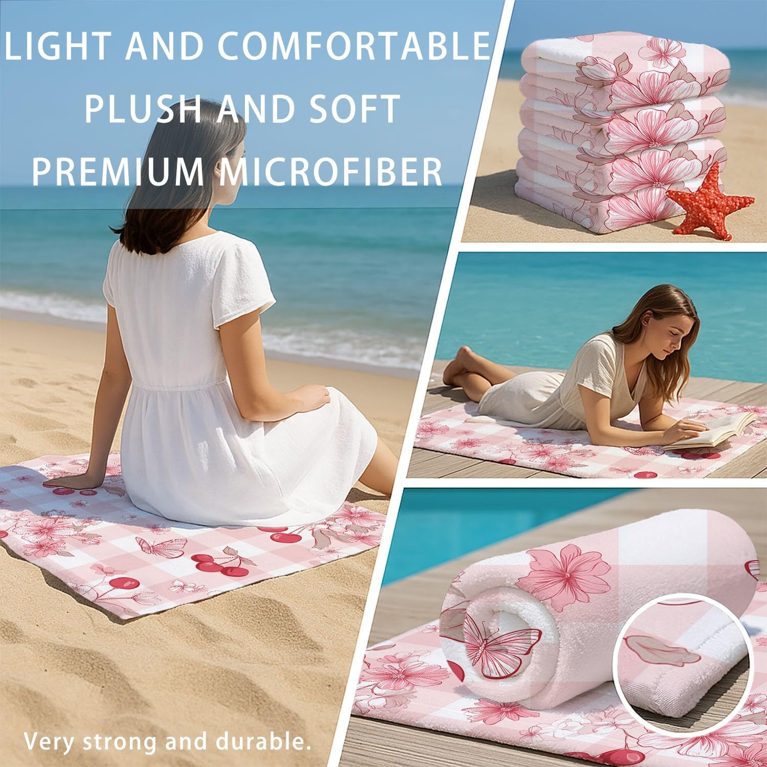 Niedlich, Ländlich, Rustikal, Gingham Strandtuch 230 x 210 cm - Strandtuch trandtuch Leichtdünn Weich Nahtloses Patchwork, Streublümchen, Kirschen,für Strand, Pool, Yoga, Picknick