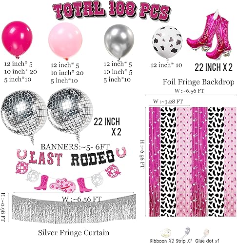 Miniatura 6 de Decoración de fiesta de despedida de soltera de vaquera con arco de globos de color rosa intenso y plateado, botas de disco con estampado de vaca,