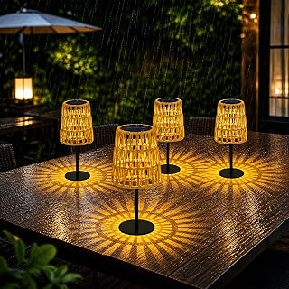 ソーラーテーブルランプ4個 屋外防水:充電式LEDソーラーランタン ガーデンヤード用、コードレステーブルラタンランプ、バルコニーパティオ用小型デッキランプ、女性用ガーデンギフト