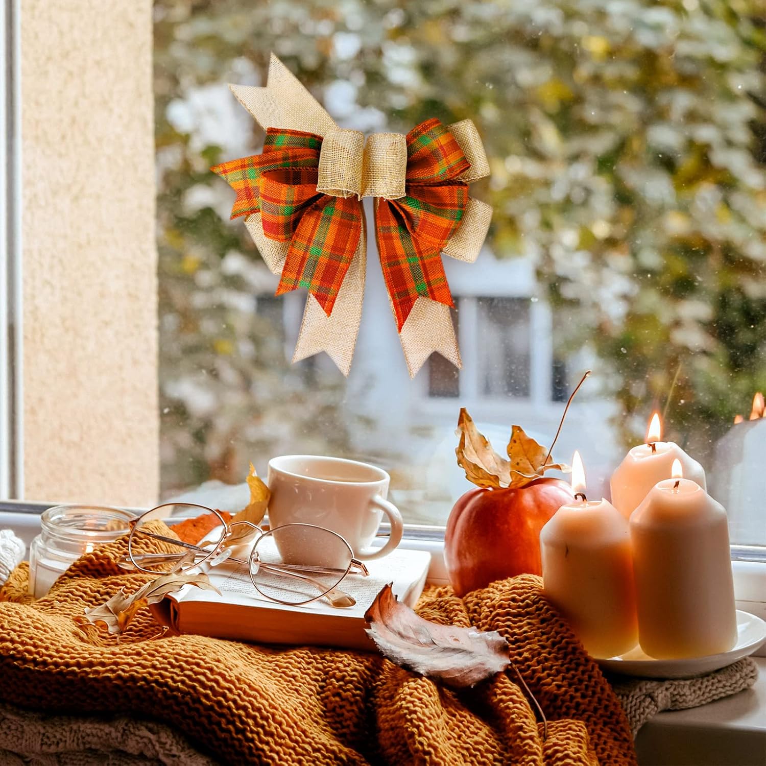 SIMISI RIBBON Fall Bows for Wreaths Orange Buffalo Plaid Burlap Bow for Thanksgiving Tree Topper, Home Indoor Outdoor Decorations (9.5 x 13 inch)