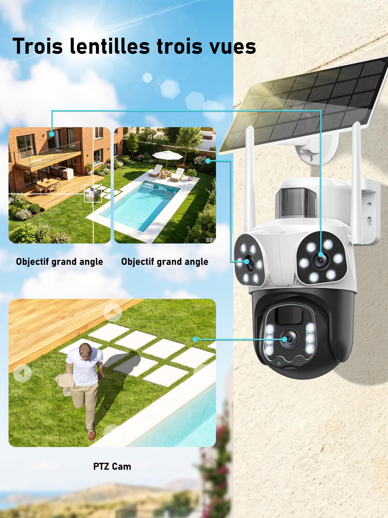 12MP Camera Surveillance WiFi Exterieure sans Fil,AOV 24/7,à triple objectif/Camera Solaire/Batterie,Suivi Automatique,360° PTZ Sécurité,Vision Vocturne,Audio Bidirectionnel,Alarme automatique,étanche