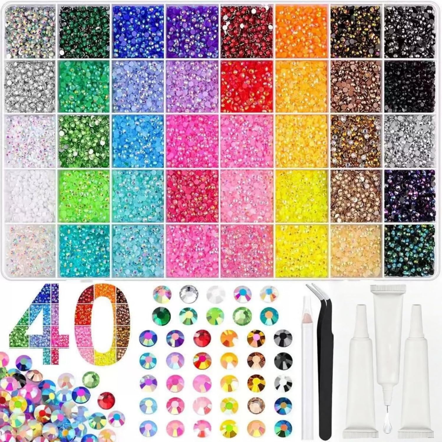 Resin Bedazzling kit, Colorful DIY Bedazzler Kit with Rhinestones, Multicolor 3mm Flatback Gems, Bedazzle Kit 3Pc 10ml Jewelry Glue for Bedazzled Nail Art (40000 pcs)