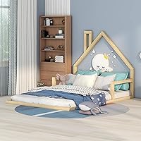 Vista 4 de Harper & Bright Designs Cama de plataforma de tamaño matrimonial con valla corta, marco de cama con conexión a tierra para espacios pequeños