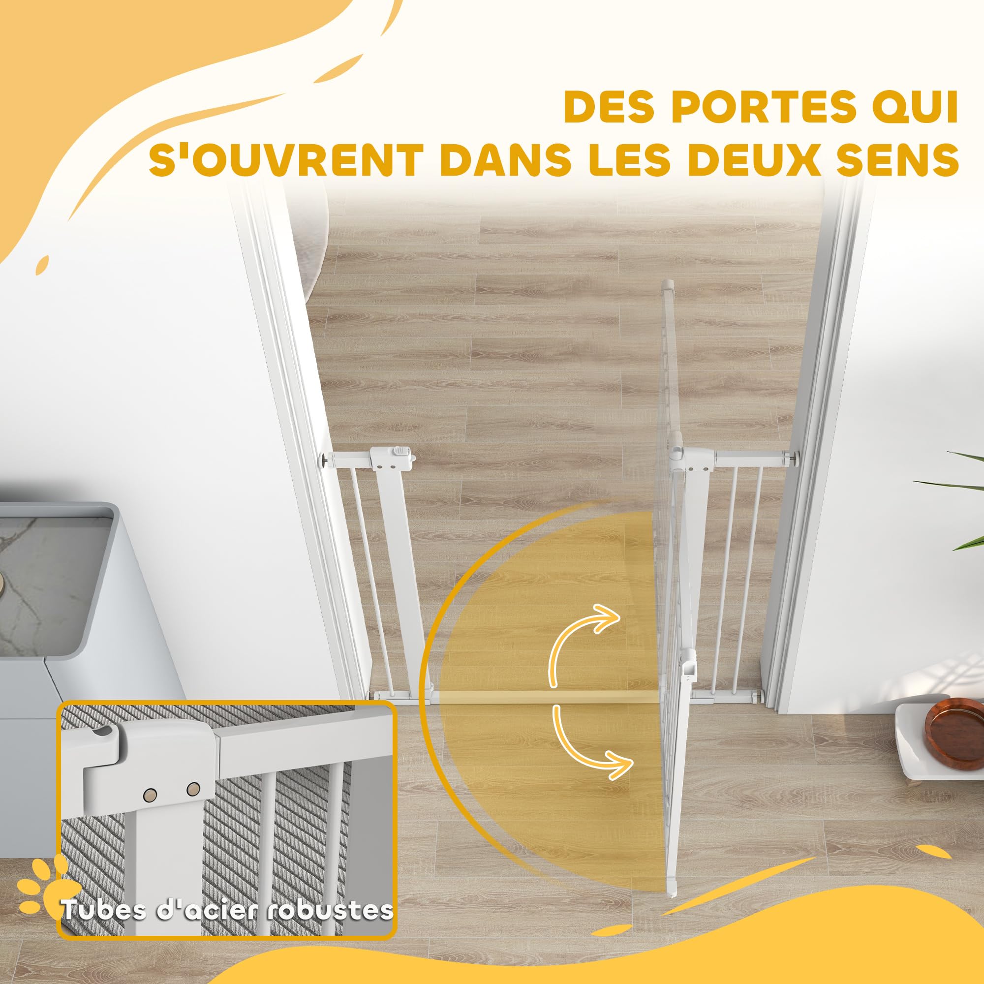 PawHut - Barrera de seguridad para perro extensible 76-104 x 77 cm, barrera de escalera y puertas con sistema de doble bloqueo, montaje por presión o perforación, barrera de perro y gato, color blanco