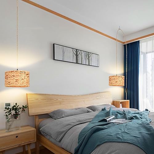 Miniatura 6 de Lámpara colgante de ratán con pantalla de bambú de mimbre de mano, luces colgantes bohemias con cable de enchufe e interruptor regulable, lámpara