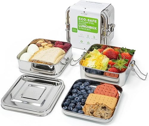 ecozoi Lonchera de acero inoxidable, 3 en 1, caja Bento apilable ecológica, contenedor de alimentos sin plástico, con bandeja interior adicional,