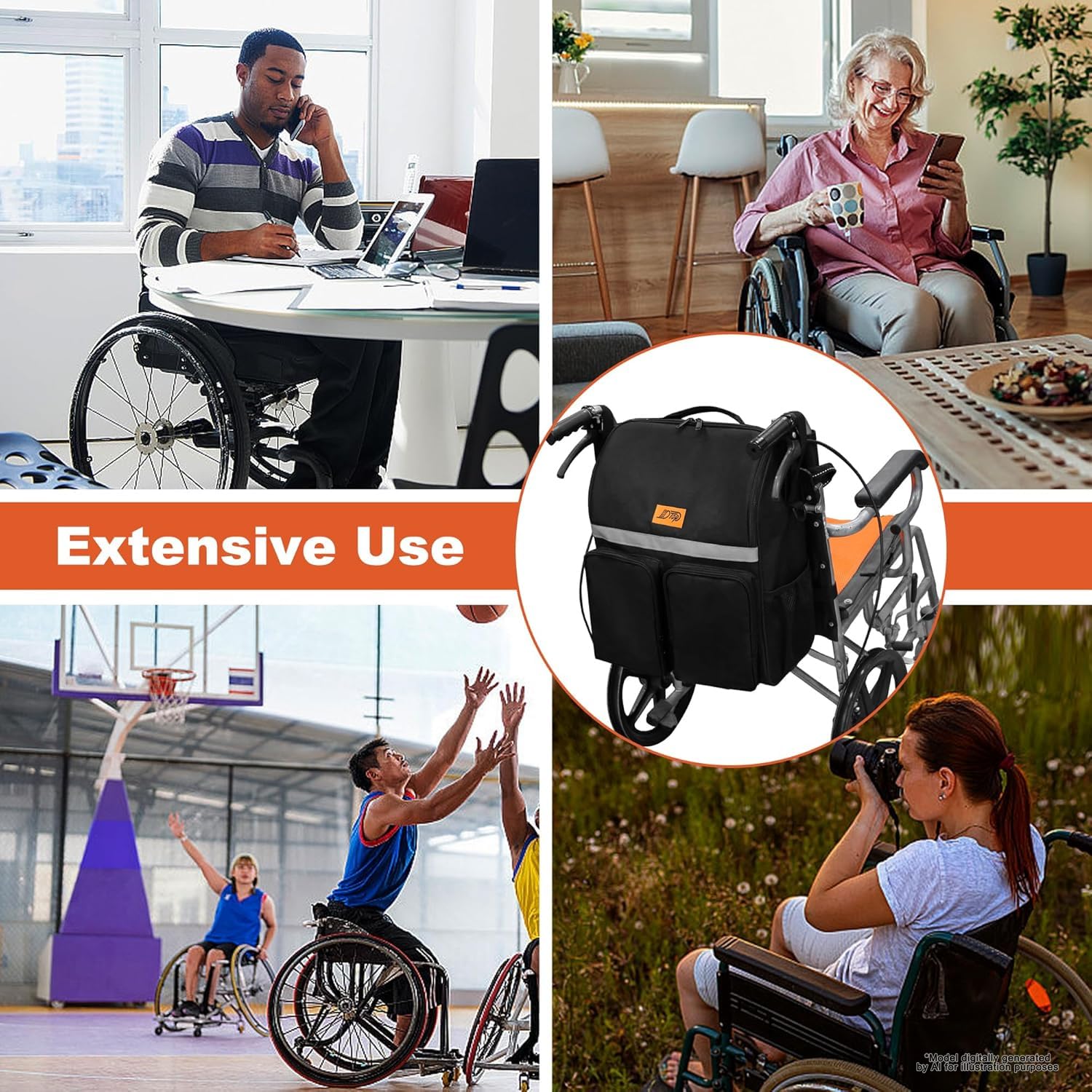 Mochila para silla de ruedas, bolsas para colgar en la parte posterior para usuarios de sillas de ruedas, bolsa impermeable para accesorios de silla de ruedas con tiras reflectantes (negro)