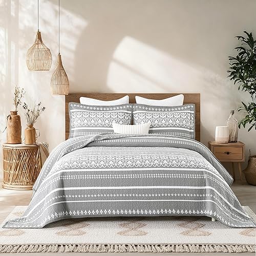 Juego de edredón king tamaño king 100% algodón bohemio, colcha king tamaño king con patrón a rayas bohemio gris, juego de cama ligero de edredón