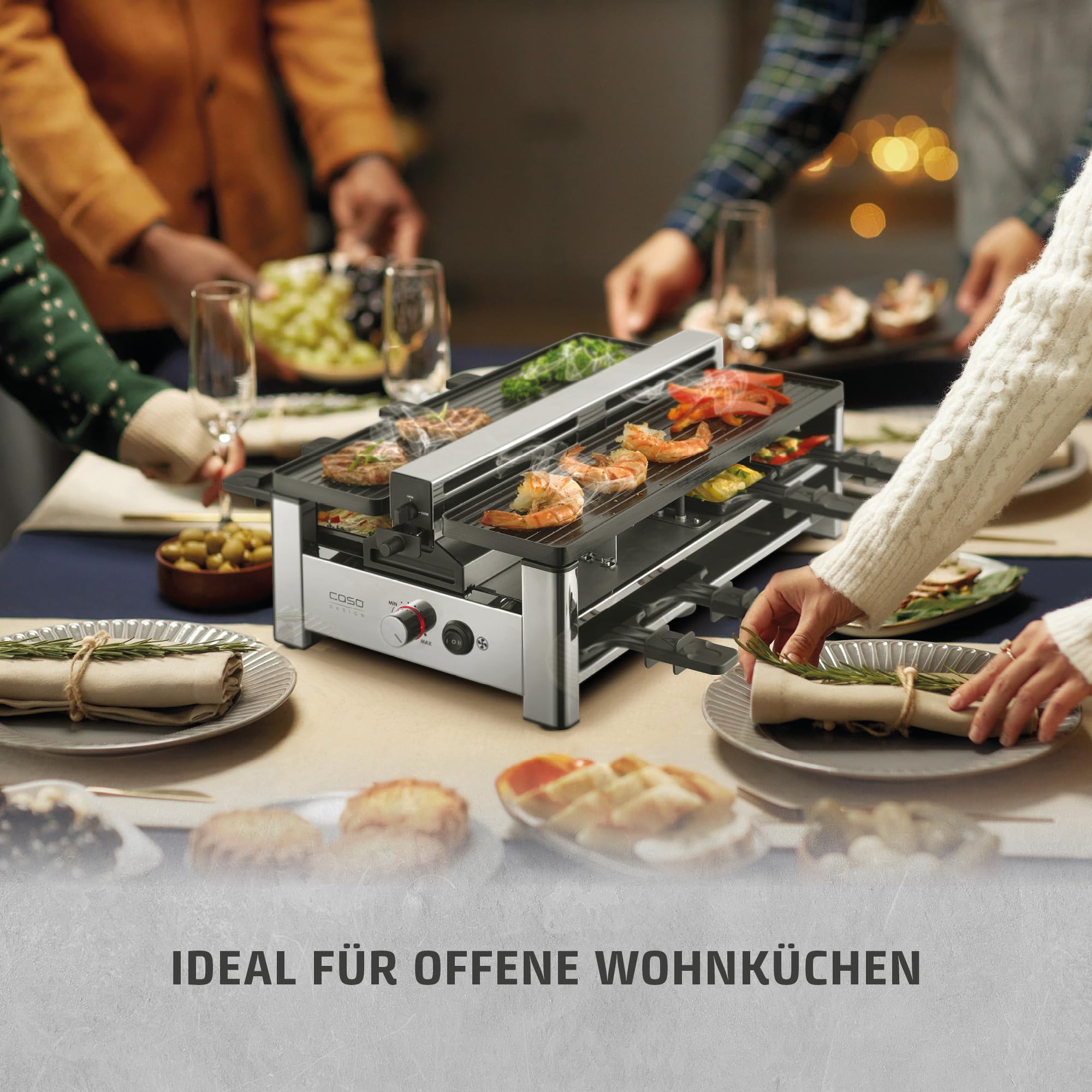 CASO Raclette AirClean - Raclettegrill mit integriertem Dunstabzug, für 8 Personen, schnelles Aufheizen, Antihaft Keramik-Beschichtung (PFAS-frei), 1500 Watt, austauschbarer Geruchs- und Kohlefilter