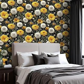 Peel and Stick Wallpaper Dandelion Flowers Heads Botanical Yellow Blooms White Puffballs Wall Mural 17.7"x118" Self Adhesive Removable Contact Paper Renter Friendly Wallpaper for Kitchen Bedroom