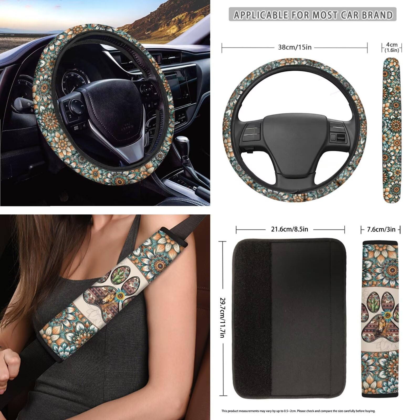 JOAIFO 3 PCS Car Steering Wheel Cover Boho Paw Print Seatbelt Covers, Mandala Flower Car Seat Belt Cover Pads Stretch Steering Wheel Protector Universal Fit Adds Fun to Your Car Interior