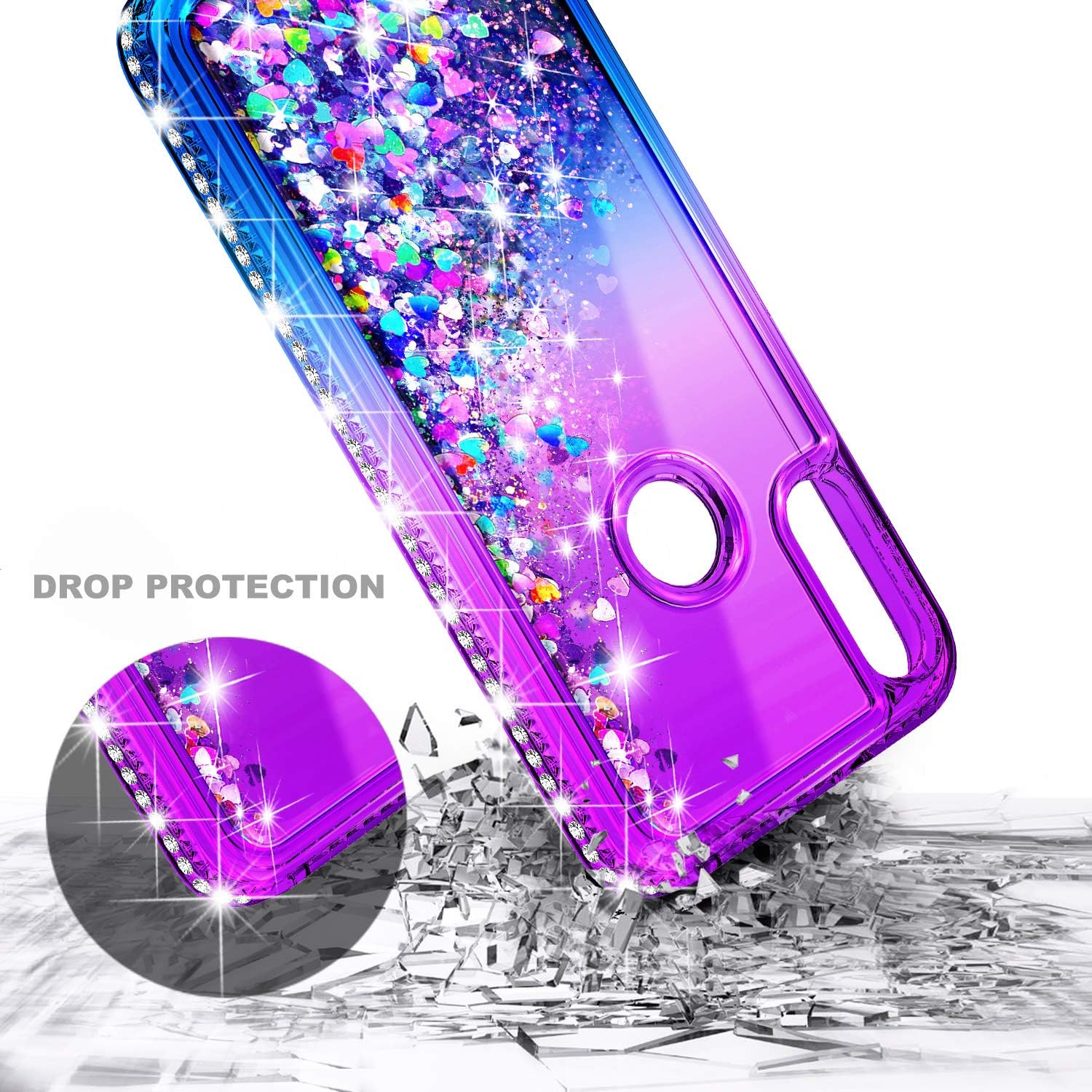 E-Began Case for Motorola Moto E 2020 with Tempered Glass Screen Protector (Maximum Coverage), Ring Holder/Wrist Strap, Glitter Liquid Floating Durable Women Girls Cute Case -Purple/Blue