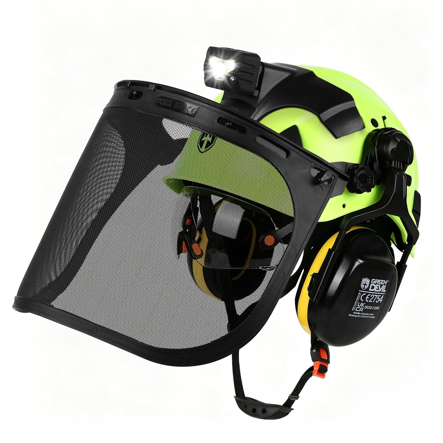 GREEN DEVIL 5-in-1 Forstschutzhelm Set - Kettensägenhelm mit eingebauter Schutzbrille, Maschenvisier & SNR 31dB Gehörschutz + Helmleuchte mit Bewegungssensor