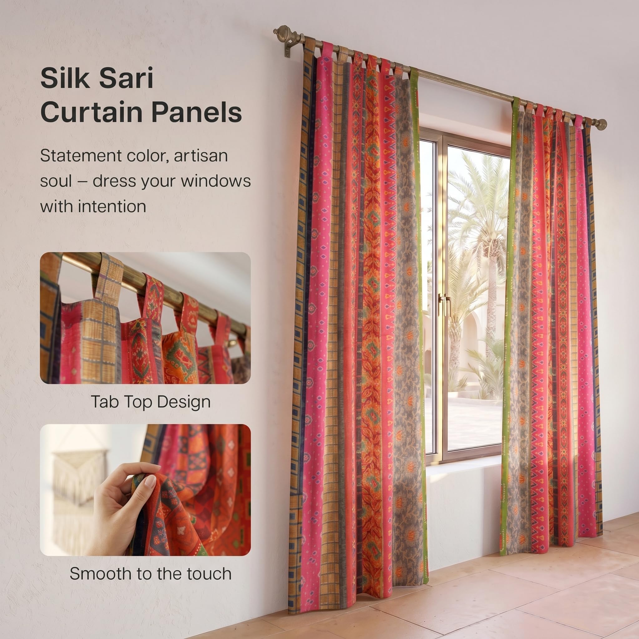 THE ART BOX Lot de 2 rideaux indiens en mélange de soie mélangée style sari bohème pour porte et fenêtre (213,4 x 106,7 cm par panneau) (multicolore)