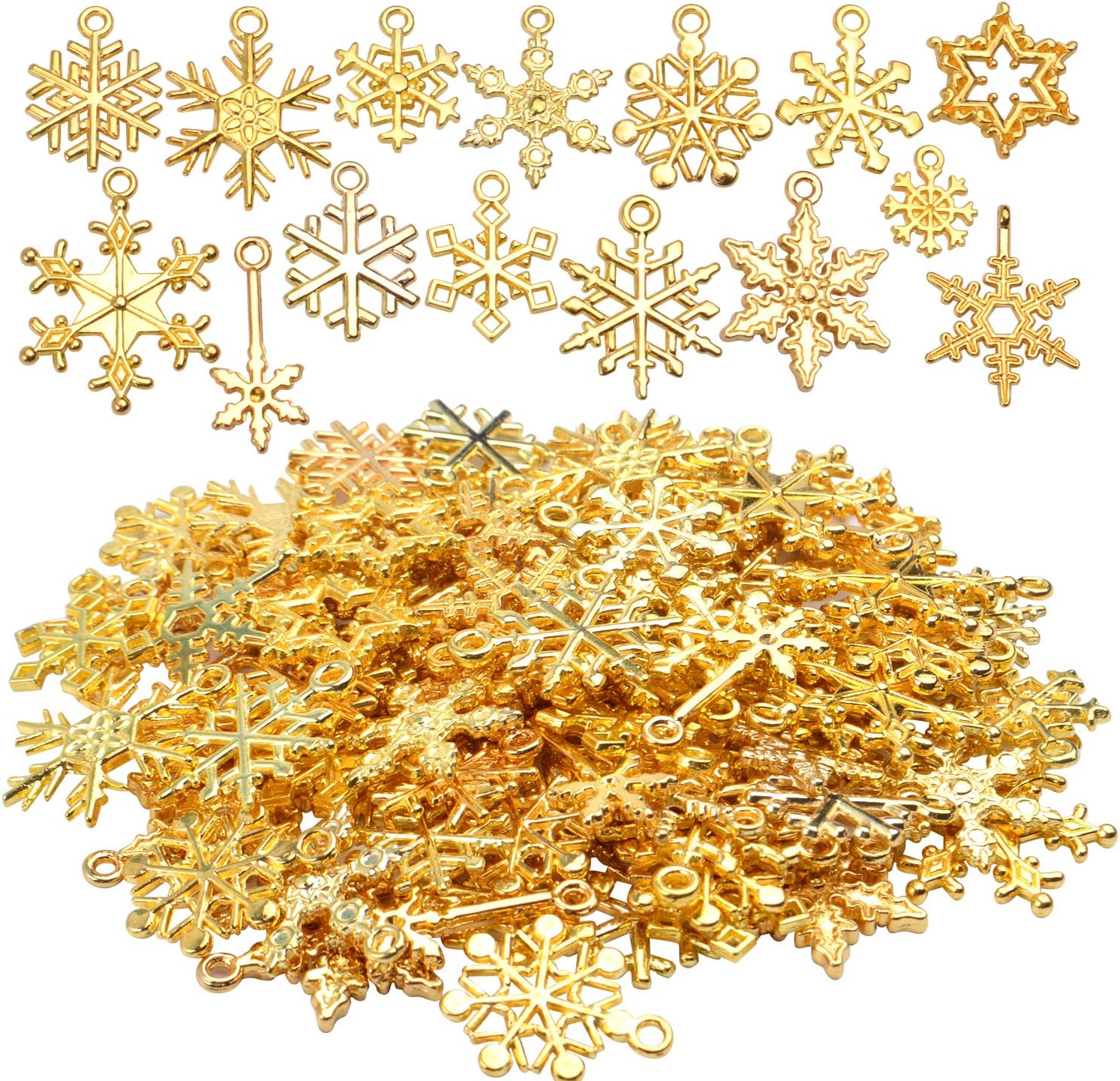 Christmas Snowflake Charms, 100g (about 80pcs - 90pcs) Mixed Alloy Snowflake Pendant Craft Supplies Jewelry Findings for DIY Necklace Bracelet Jewelry Making, Gold